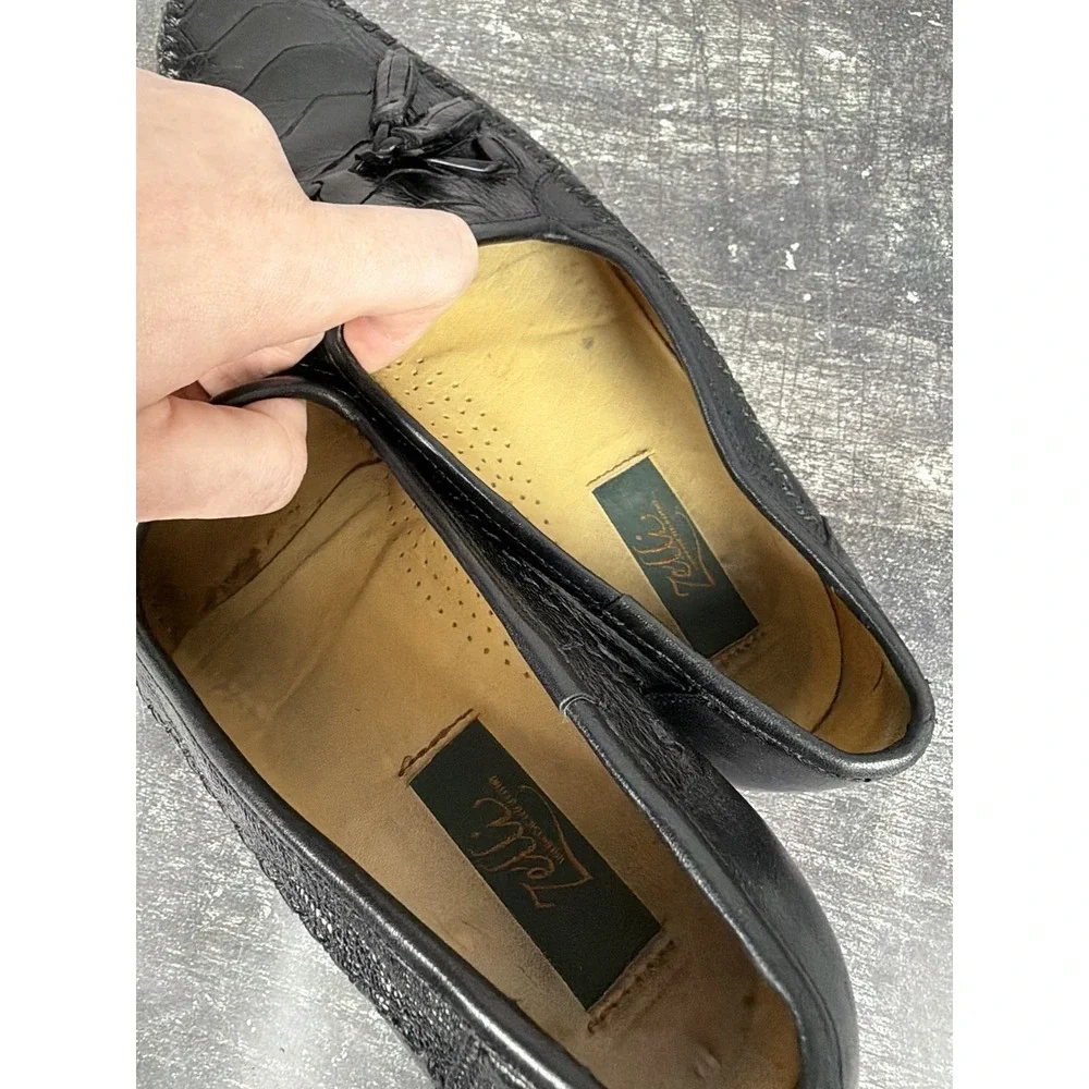 Vtg Zelli Genuine Ostrich Leg Tassel Loafers Black Exotic Leather Italy Size 8.5